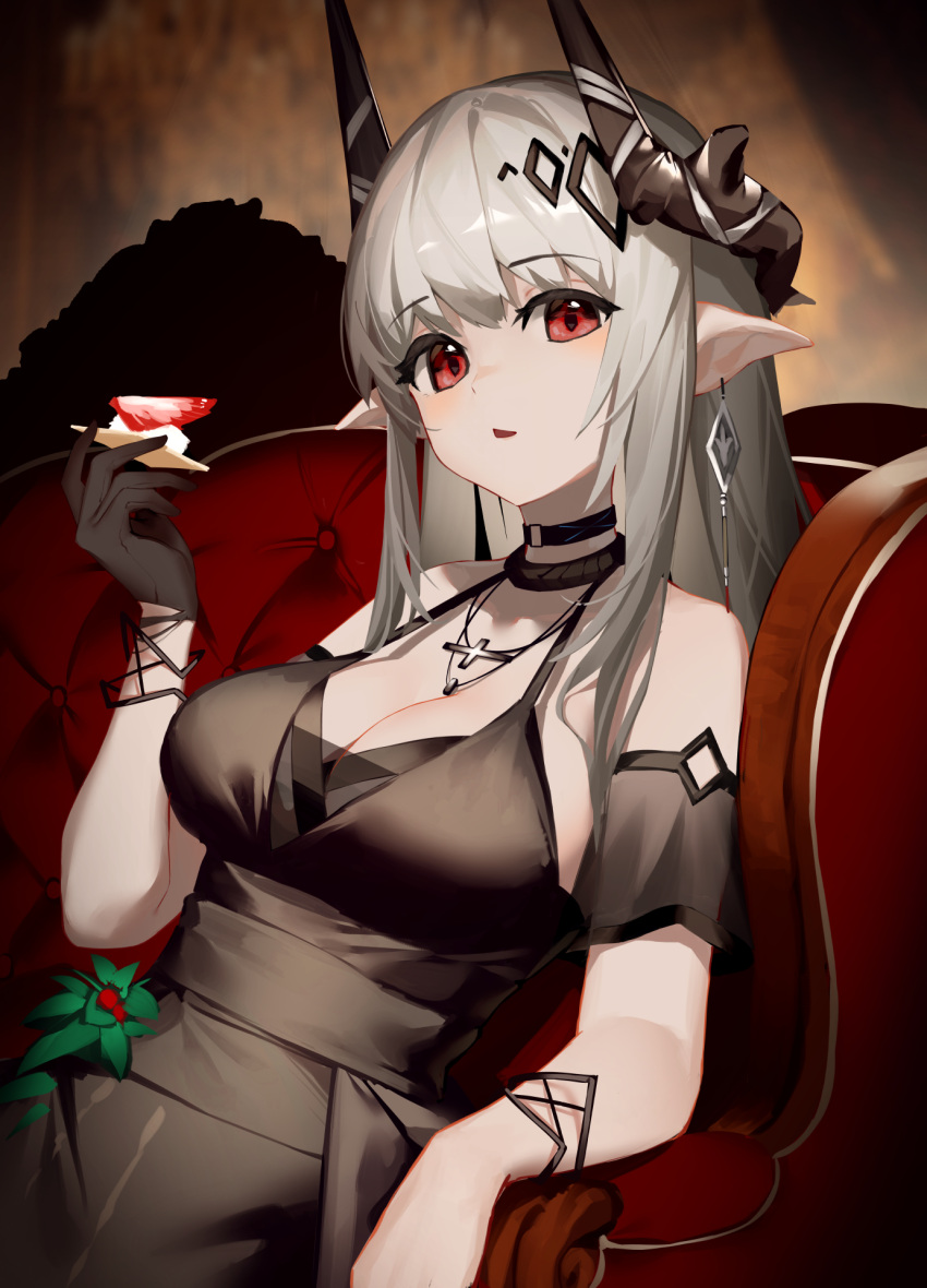 1girl arknights black_dress black_gloves blush breasts cine_(wazd0183) cleavage collar couch detached_sleeves dress food gloves grey_hair hair_ornament highres holding holding_food horns infection_monitor_(arknights) jewelry large_breasts long_hair looking_at_viewer mudrock_(arknights) mudrock_(obsidian)_(arknights) necklace official_alternate_costume on_couch parted_lips pointy_ears red_eyes short_sleeves sitting sleeveless sleeveless_dress solo