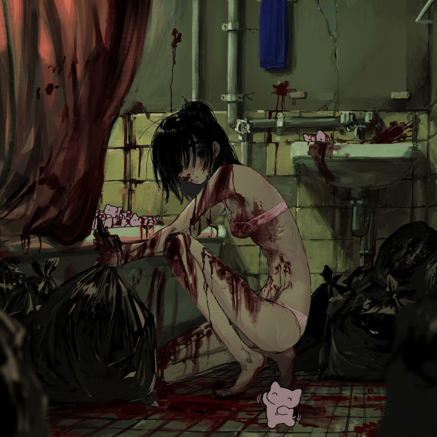 barefoot bathroom black_eyes black_hair blood blood_on_chest blood_on_clothes blood_on_face blood_on_hands blood_on_leg bra closed_mouth curtains highres narue original panties ribs short_hair thighs towel trash_bag underwear