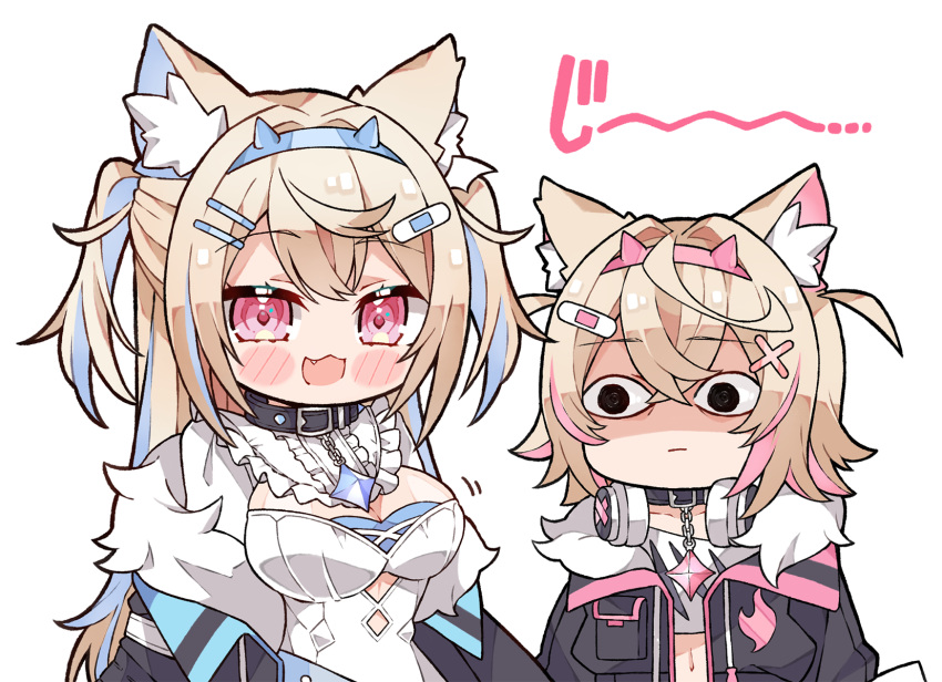 2girls animal_ears black_jacket blonde_hair blue_hair breast_envy breasts chibi cleavage closed_mouth collar commentary dog_ears dog_girl english_commentary fur_trim fuwawa_abyssgard hair_between_eyes hair_ornament hairband headphones headphones_around_neck highres hololive hololive_english jacket kukie-nyan large_breasts long_hair mococo_abyssgard multicolored_hair multiple_girls open_clothes open_jacket open_mouth pink_eyes pink_hair short_hair siblings sisters streaked_hair twins virtual_youtuber white_background