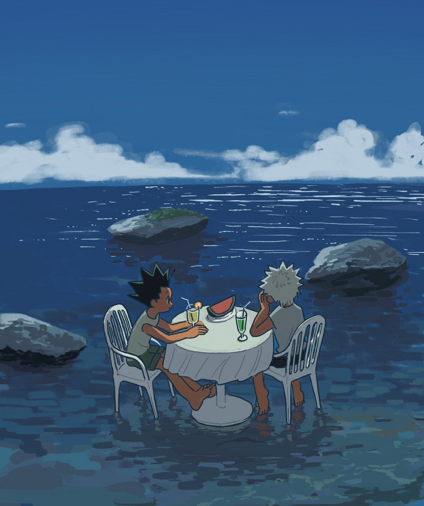 2boys 40599 barefoot black_hair black_shorts chair closed_mouth cup drink drinking_glass drinking_straw food fruit gon_freecss green_shorts hand_on_own_face highres horizon hunter_x_hunter killua_zoldyck looking_ahead looking_at_another male_child male_focus multiple_boys ocean shirt short_hair shorts sitting smile spiked_hair table watermelon watermelon_slice white_hair white_shirt