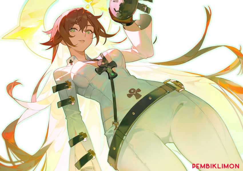 1girl absurdres ankh ass_visible_through_thighs belt bodysuit breasts cleavage compass_rose_halo gloves green_eyes guilty_gear guilty_gear_strive halo highres jack-o'_valentine long_hair medium_breasts multicolored_hair pembiklimon red_hair simple_background smile solo two-tone_hair white_bodysuit white_hair
