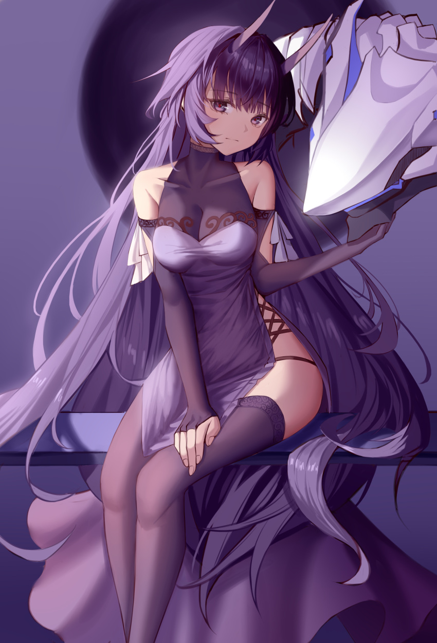 1girl absurdres bangs bare_shoulders benares_(honkai_impact) breasts cleavage closed_mouth collarbone dragon dress elbow_gloves fingerless_gloves gloves highres honkai_(series) honkai_impact_3rd horns jinnnnnn23 long_hair looking_at_viewer purple_dress purple_eyes purple_gloves purple_hair purple_theme purple_thighhighs raiden_mei raiden_mei_(herrscher_of_thunder) sitting solo thighhighs very_long_hair