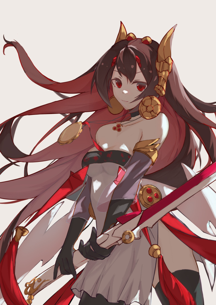 bare_shoulders black_gloves breasts brown_hair china_dress chinese_clothes cleavage closed_mouth colored_inner_hair detached_sleeves dress earrings elbow_gloves fake_horns gloves hair_ornament highres holding holding_sword holding_weapon horns jewelry long_hair lucia_(punishing:_gray_raven) multicolored_hair panluo punishing:_gray_raven red_eyes red_hair small_breasts sword very_long_hair weapon white_background