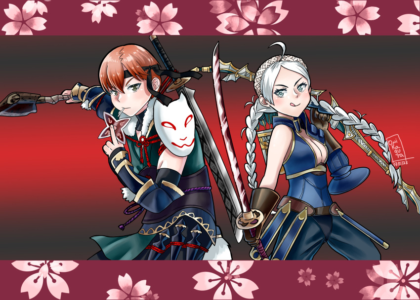 1boy 1girl :d absurdres ahoge alternate_costume asugi_(fire_emblem) axe bare_shoulders blue_eyes bow_(weapon) braid breasts cleavage commission fire_emblem fire_emblem_fates grey_eyes hairband highres holding holding_axe holding_bow_(weapon) holding_sword holding_weapon japanese_clothes kagura_oni katana looking_at_viewer low_twin_braids mask medium_breasts mouth_mask nina_(fire_emblem) ninja ninja_mask orange_hair parted_bangs shuriken smile sword twin_braids weapon white_hair
