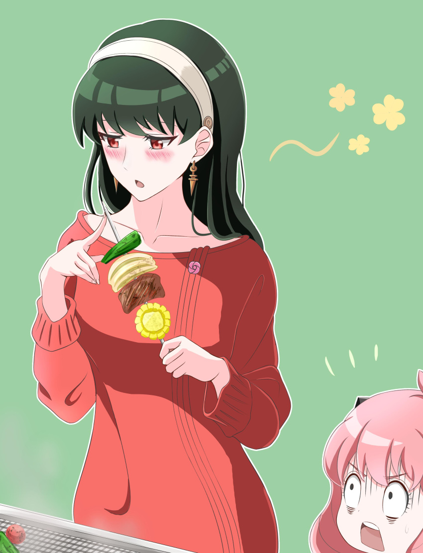 2girls absurdres anya_(spy_x_family) black_hair blush constricted_pupils dress earrings food gloom_(expression) green_background hair_down hairband half-closed_eyes highres jewelry kebab long_hair long_sleeves looking_at_another multiple_girls notice_lines pink_hair red_dress red_eyes short_hair spy_x_family standing sweater sweater_dress tenma_no_atelier white_hairband yor_briar