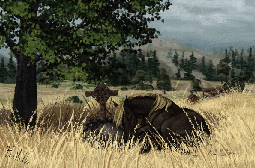 ambiguous_gender equid equine feral field fihell forest grave grieving hi_res horse lying mammal mountain on_front on_ground plant red_dead_(series) rockstar_games sad tree wild_west