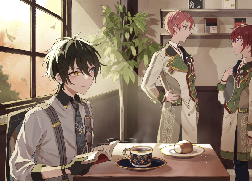 3boys aqua_eyes black_gloves book buttons closed_mouth collared_shirt commentary_request cup ensemble_stars! glasses gloves green_hair hair_between_eyes hand_on_own_hip heterochromia highres holding holding_book holding_tray indoors itsuki_shu kagehira_mika leaf long_sleeves male_focus multiple_boys necktie official_alternate_costume open_mouth pink_hair plant plate potted_plant purple_eyes red_hair shelf shirt short_hair sitting sleeves_past_elbows standing suou_tsukasa suspenders table tray valkyrie_(ensemble_stars!) wednesday_108 yellow_eyes