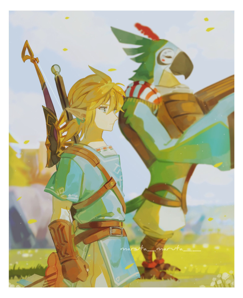 2boys belt bird_boy blonde_hair bow_(weapon) brown_belt brown_gloves clenched_hand closed_mouth day earrings fingerless_gloves from_side gloves green_shirt highres jewelry link long_sleeves male_focus maruta_maruta multiple_boys outdoors pants pointy_ears ponytail profile shirt the_legend_of_zelda the_legend_of_zelda:_breath_of_the_wild weapon weapon_on_back