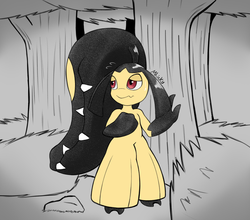 2_mouths 2_toes 3_fingers feet female feral fingers forest generation_3_pokemon hi_res lost mawile mhicky93 multi_mouth nina_the_mawile nintendo plant pokemon pokemon_(species) scared solo toes tree worried