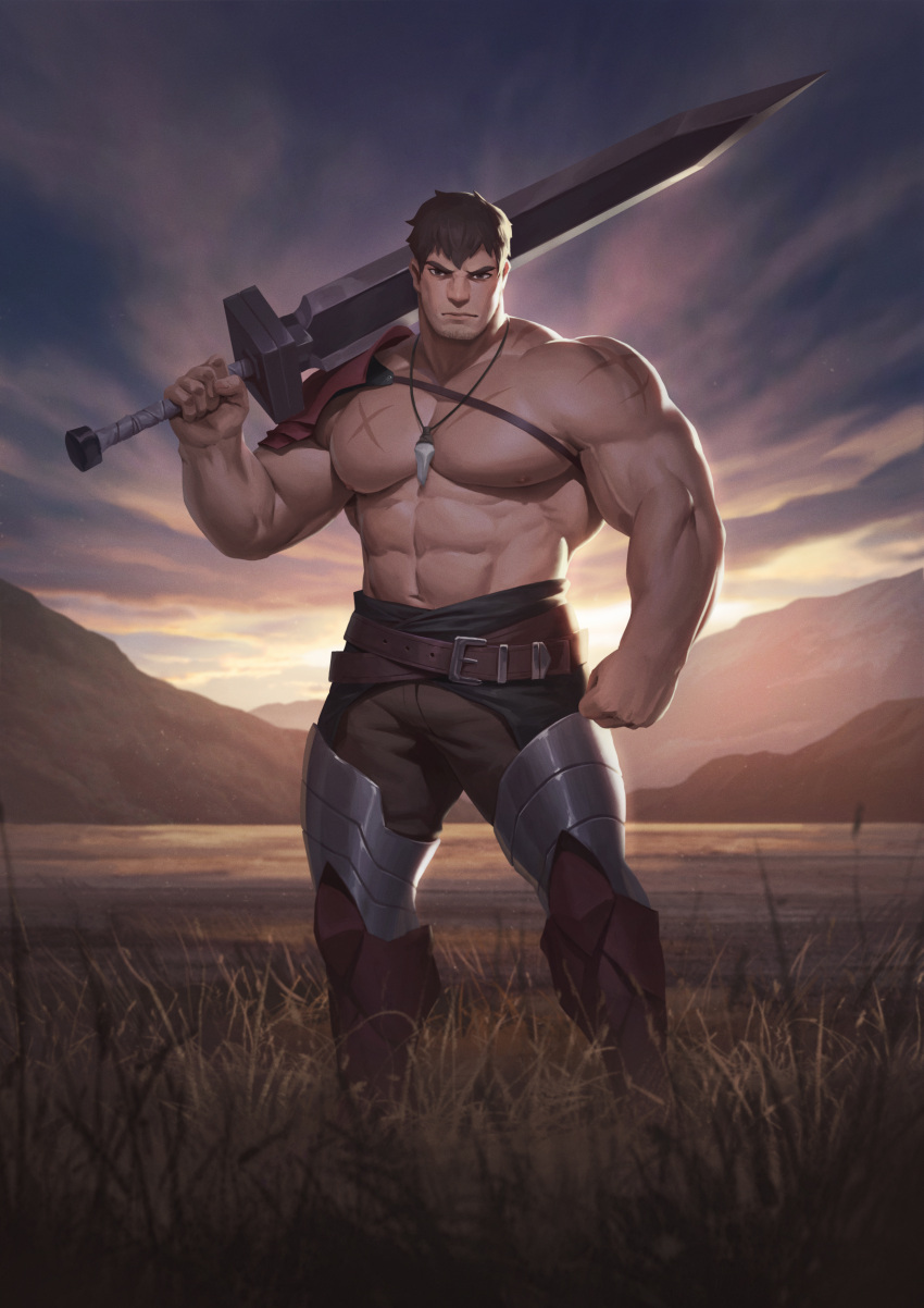 1boy abs absurdres armor armored_boots bara belt boots brown_belt brown_pants closed_mouth commission dota:_dragon's_blood dota_(series) dota_2 dragon_knight_(dota) highres holding holding_sword holding_weapon jewelry large_pectorals looking_at_viewer male_focus muscular muscular_male nat_vitchayed navel necklace nipples pants pauldrons pectorals scar scar_on_arm scar_on_chest short_hair shoulder_armor single_pauldron solo sword topless_male weapon