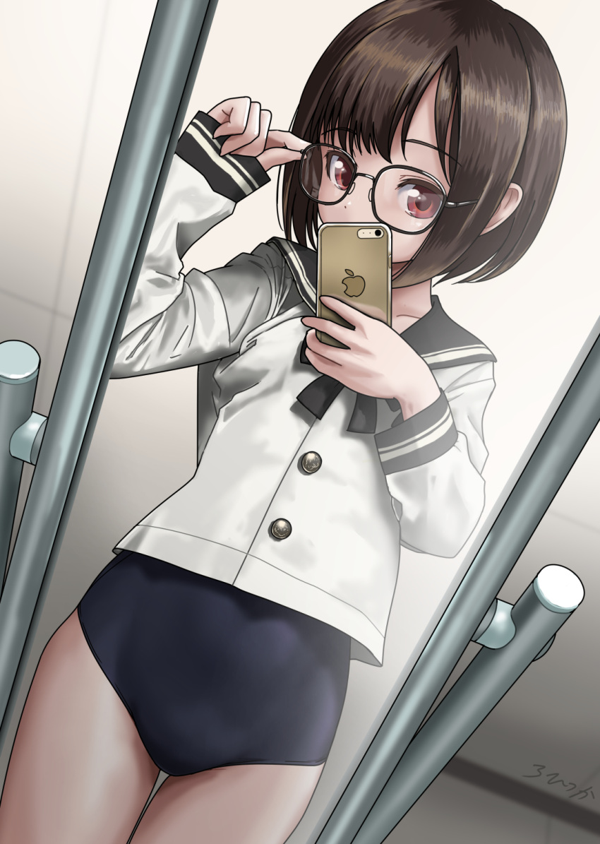 1girl apple_inc. black_hair black_neckerchief black_one-piece_swimsuit black_sailor_collar cellphone commentary_request cowboy_shot glasses highres holding holding_phone iphone long_sleeves looking_at_viewer mirror navel neckerchief one-piece_swimsuit original phone reflection rohitsuka sailor_collar school_swimsuit school_uniform selfie serafuku short_hair smartphone solo swimsuit swimsuit_under_clothes taking_picture thigh_gap