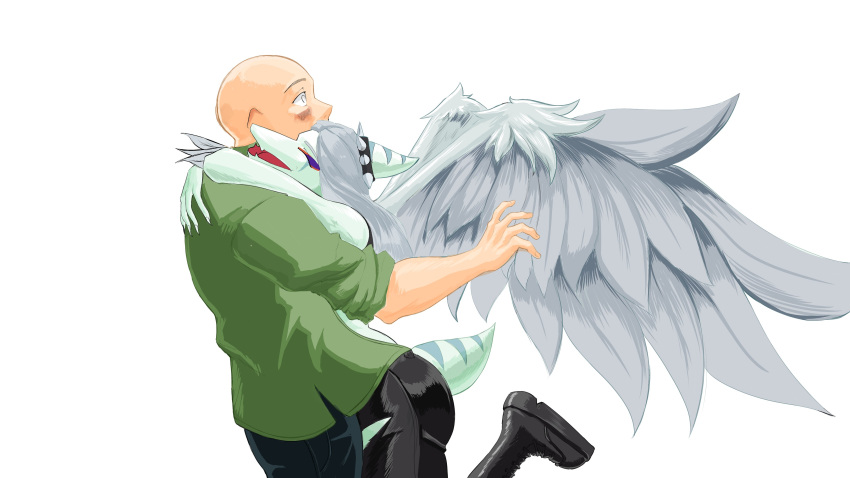 2023 absurd_res anon_(snoot_game) anthro bald black_bottomwear black_clothing black_jeans black_pants blush boots bottomwear chervyarts claws clothing crop_top denim denim_clothing digital_drawing_(artwork) digital_media_(artwork) dinosaur duo elbow_feathers embrace eyeliner fang_(gvh) feathered_wings feathers female fingers footwear goodbye_volcano_high grey_body grey_scales hair halter_top hi_res hug human jacket jeans light-skinned_male light_body light_skin long_hair makeup male male/female mammal midriff open_mouth pants pterodactylus pterosaur reptile scales scalie shirt short_tail silver_hair simple_background snoot_game snout tail topwear torn_bottomwear torn_clothing torn_jeans torn_pants white_background wings