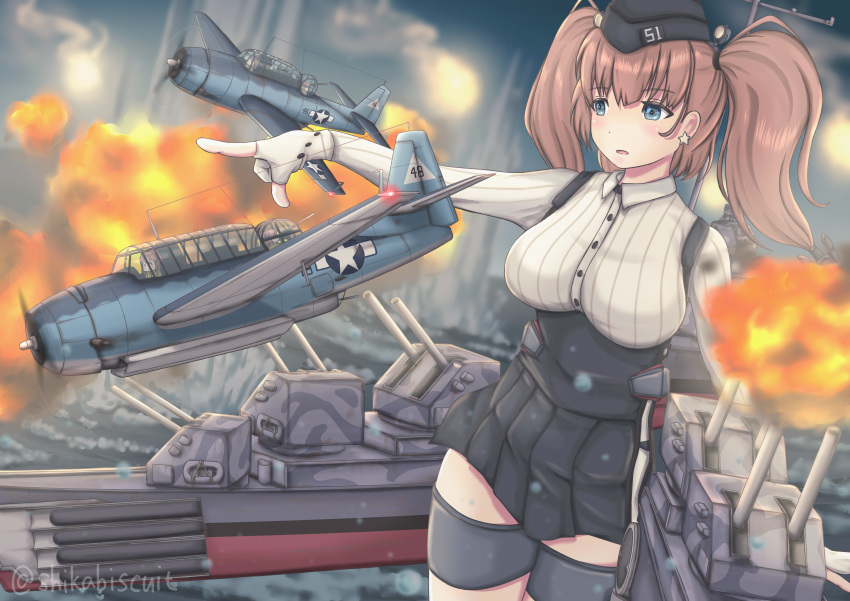 1girl absurdres aircraft airplane atlanta_(kancolle) battle blue_eyes blurry blurry_background brown_hair cowboy_shot high-waist_skirt highres kantai_collection pointing shikabiscuit skirt solo tbf_avenger two_side_up war