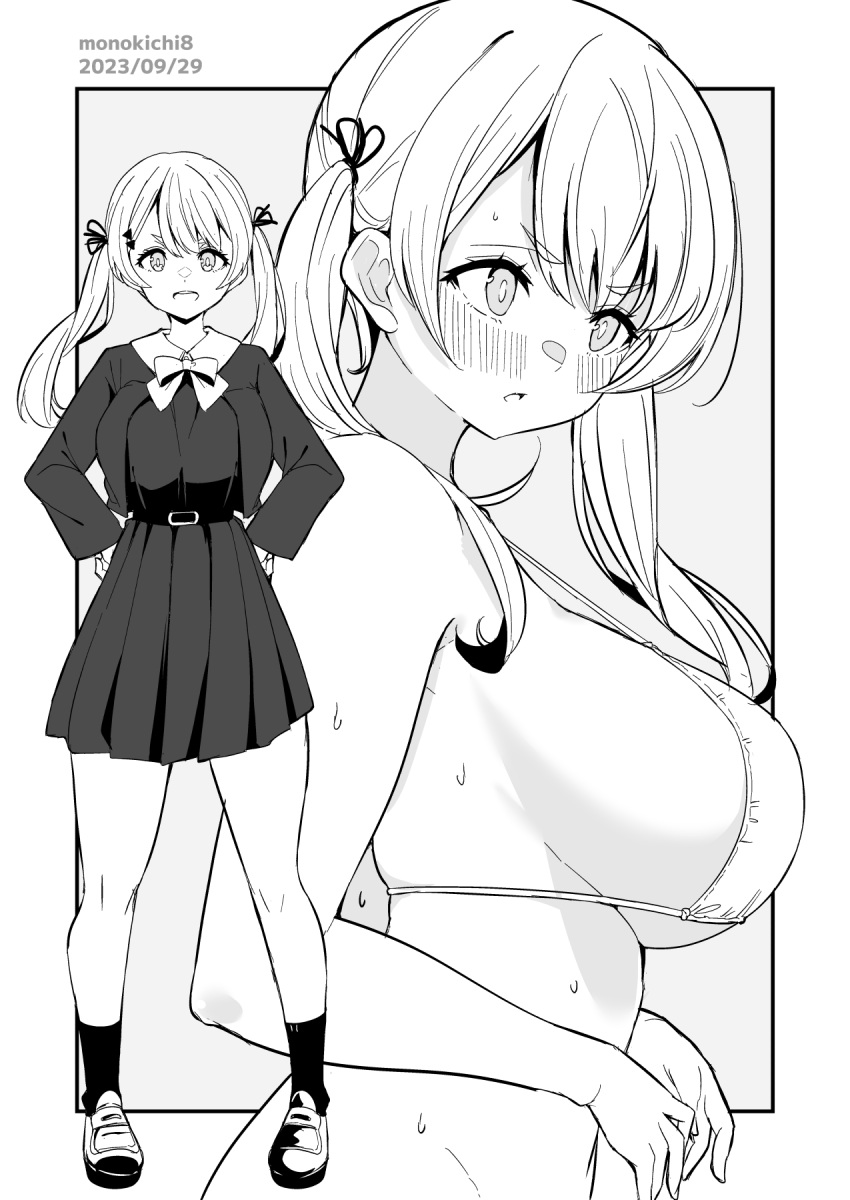 1girl artist_name bikini breasts commentary_request grey_background greyscale highres kichihachi large_breasts looking_at_viewer medium_hair monochrome multiple_views open_mouth original school_uniform standing swimsuit twintails two-tone_background white_background