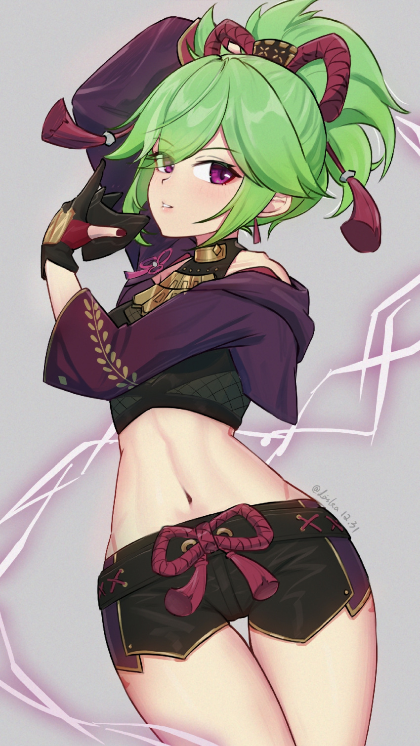 1girl arm_up artist_name black_mask black_shorts blush body_markings cowboy_shot crop_top cropped_jacket earrings facing_to_the_side fishnet_top fishnets genshin_impact gloves green_eyes green_hair grey_background highres holding holding_mask jacket jewelry kuki_shinobu laska_(572124034) looking_at_viewer mask mask_removed midriff mouth_mask navel ninja ninja_mask parted_lips partially_fingerless_gloves purple_eyes purple_jacket purple_rope rope shimenawa short_hair short_shorts shorts sidelocks simple_background solo stomach swept_bangs tassel thigh_gap timestamp topknot