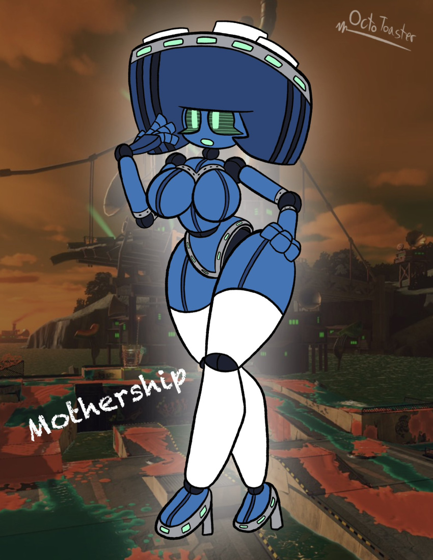 ball_joints big_breasts blue_body breasts clothing doll_joints eyelashes female fish footwear green_eyes hand_on_hip hi_res high_heels humanoid legwear machine marine metallic_body mothership_(splatoon) nintendo octo_toaster open_mouth robot robot_humanoid salmonid_(splatoon) solo splatoon text thick_thighs thigh_highs white_clothing white_legwear white_thigh_highs wide_hips