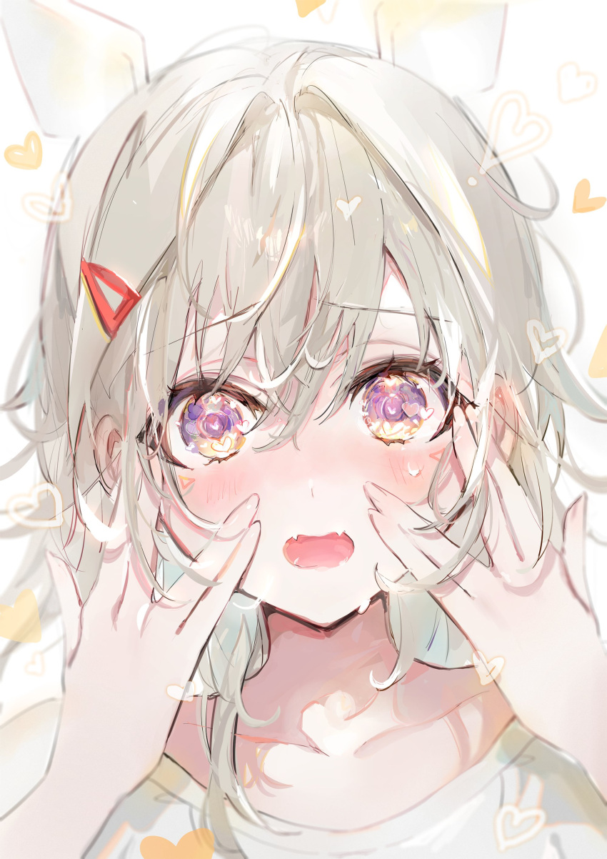 1girl absurdres animal_ears blush close-up collarbone commentary embarrassed fake_animal_ears fangs grey_hair hair_between_eyes hair_intakes hair_ornament hairband hairclip hand_on_own_face heart heart_in_eye heart_print highres komori_met looking_at_viewer medium_hair open_mouth portrait purple_eyes shia_job shirt sidelocks simple_background solo sweat swept_bangs symbol_in_eye t-shirt too_many too_many_hearts triangle_facial_mark virtual_youtuber vspo! white_background white_shirt