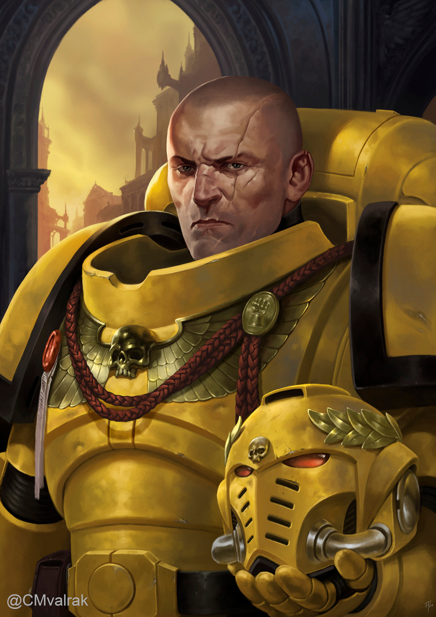 1boy adrian4rt armor bald breastplate brown_eyes bullet_hole chapter_master_valrak closed_mouth commentary commission couter english_commentary gauntlets helmet highres holding holding_helmet imperial_fists laurel_crown male_focus original pauldrons power_armor red_eyes rerebrace scar scar_on_face shoulder_armor solo upper_body warhammer_40k yellow_armor