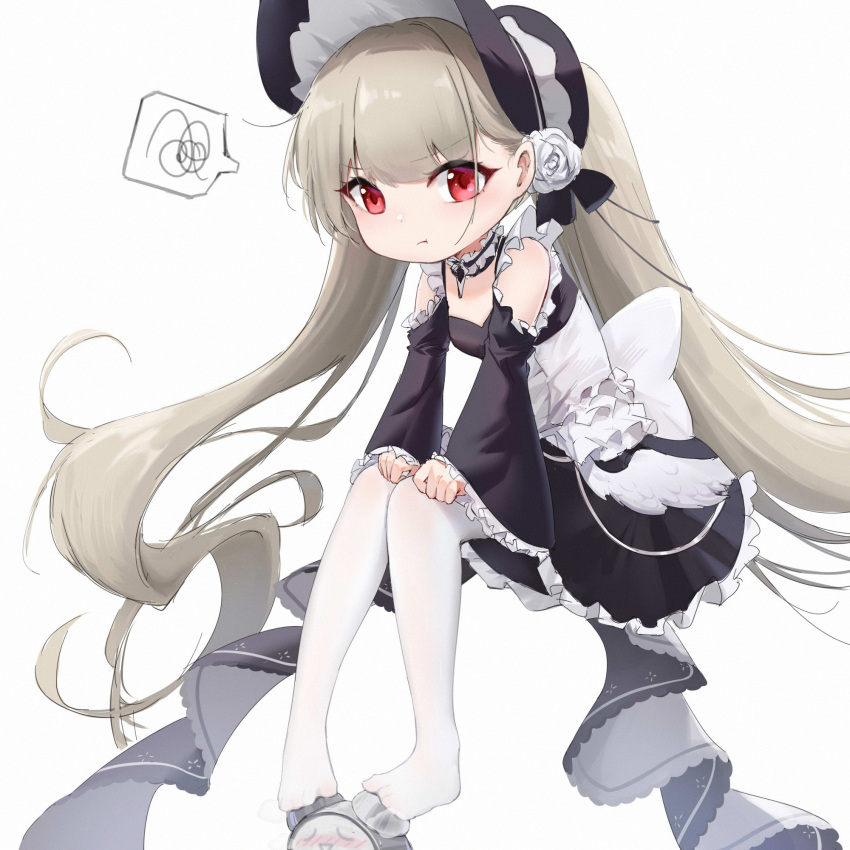 1girl :t alarm_clock azur_lane black_dress black_headwear bonnet chinese_commentary clock closed_mouth clothing_cutout commentary_request dress flower frilled_dress frilled_sleeves frills full_body hair_flower hair_ornament highres kafeifeifeifeifeifei_jiemo_jun light_brown_hair little_formidable_(azur_lane) long_hair long_sleeves no_shoes pantyhose red_eyes shoulder_cutout simple_background sitting solo speech_bubble spoken_squiggle squiggle toes twintails very_long_hair white_background white_pantyhose wide_sleeves