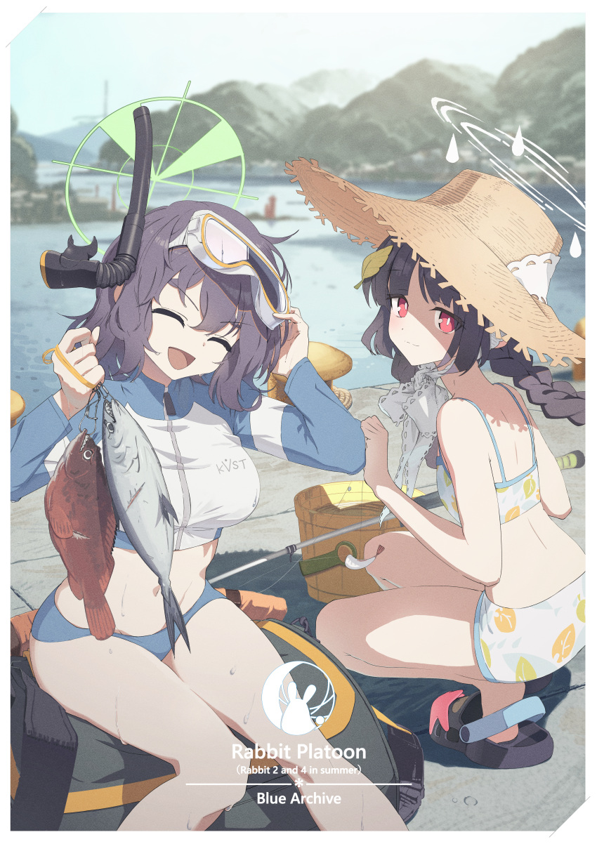 2girls absurdres animal_ears bag bare_shoulders bikini bird black_hair black_headwear blue_archive blue_bikini blue_eyes blue_jacket blush braid breasts crocs cropped_jacket duffel_bag fake_animal_ears hairband halo hat highres jacket large_breasts leaf_print long_hair long_sleeves looking_at_viewer miyu_(blue_archive) miyu_(swimsuit)_(blue_archive) multicolored_clothes multicolored_jacket multiple_girls navel official_alternate_costume open_mouth print_bikini purple_hair rabbit_ears red_eyes saki_(blue_archive) saki_(swimsuit)_(blue_archive) seagull short_hair sidelocks sitting small_breasts snorkel squatting straw_hat swimsuit tena_(tenor_07209) twin_braids two-tone_jacket white_bikini white_jacket