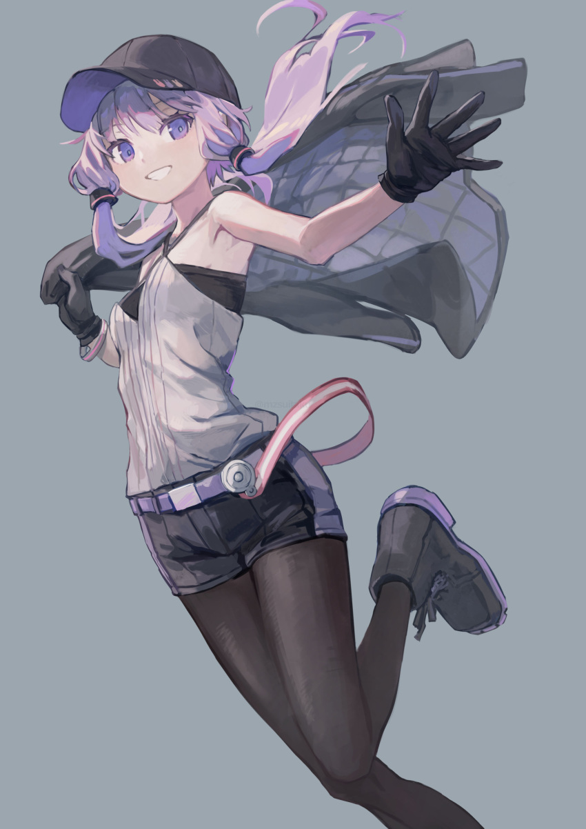 1girl a.i._voice absurdres baseball_cap belt black_gloves boots commentary_request gloves grey_shirt grin halter_shirt halterneck hat highres holding holding_clothes holding_jacket jacket kyo_mizusawa leg_up looking_at_viewer outstretched_hand pantyhose purple_eyes purple_hair shirt short_hair_with_long_locks short_shorts shorts sidelocks smile solo striped striped_shirt vertical-striped_shirt vertical_stripes voiceroid yuzuki_yukari yuzuki_yukari_(nagi)