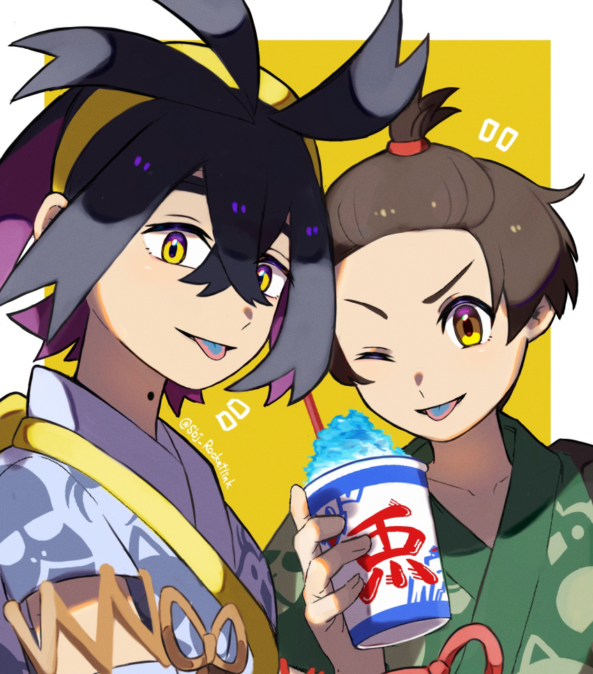 2boys :p ;p antenna_hair artist_name bangs_pinned_back black_hair blue_hairband blue_shirt border brown_hair collarbone colored_inner_hair colored_tongue commentary_request crossed_bangs cup drinking_straw florian_(pokemon) food forehead green_shirt hair_between_eyes hairband hand_up highres holding holding_cup japanese_clothes kieran_(pokemon) kooribata looking_at_viewer male_focus mole mole_on_neck multicolored_hair multiple_boys notice_lines one_eye_closed outside_border pokemon pokemon_(game) pokemon_sv purple_hair shaved_ice shirt short_hair sidelocks simple_background tongue tongue_out topknot twitter_username two-tone_hair upper_body v-shaped_eyebrows white_border yellow_background yellow_eyes yomogi_dango_(sbj_rocketlink)