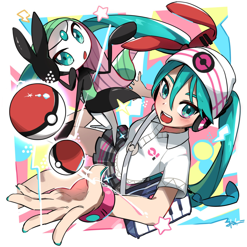 1girl absurdres aqua_eyes aqua_hair bag beanie collared_shirt green_hair hair_between_eyes hair_through_headwear hat hatsune_miku hayato_noda highres long_hair looking_at_viewer meloetta pleated_skirt poke_ball pokemon pokemon_(creature) project_voltage psychic_miku_(project_voltage) shirt shoulder_bag skirt twintails very_long_hair vocaloid white_shirt