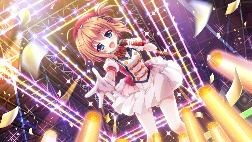 1girl ahoge band_uniform beret black_stripes blue_eyes bow breasts brown_hair concert confetti dot_nose film_grain from_below game_cg gloves glowstick hair_bow hat holding holding_microphone idol idol_clothes izumi_tsubasu looking_at_viewer medium_breasts microphone neon_lights non-web_source official_art one_side_up open_mouth rafters re:stage! reaching_towards_viewer red_headwear red_stripes shikimiya_mana short_hair short_sleeves skirt smile solo sparkle speaker stage stage_lights striped striped_bow white_gloves white_skirt white_uniform