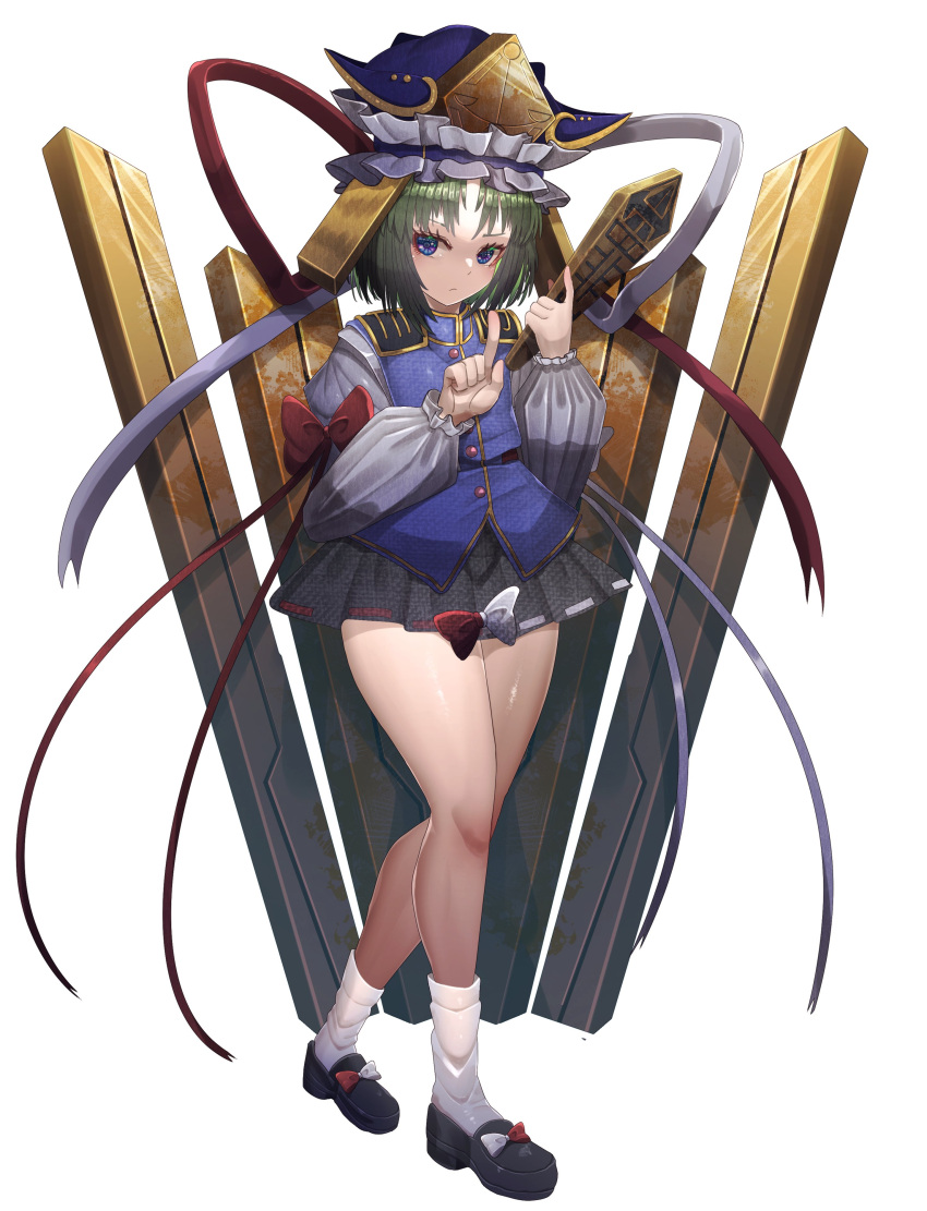 1girl absurdres aonori00 black_footwear black_skirt blue_headwear blue_vest commentary epaulettes frilled_hat frills full_body green_eyes green_hair hat hat_ribbon highres holding long_sleeves looking_at_viewer red_ribbon ribbon ribbon-trimmed_skirt ribbon_trim rod_of_remorse shiki_eiki shirt short_hair skirt socks solo thighs touhou vest white_ribbon white_shirt white_socks zettai_ryouiki