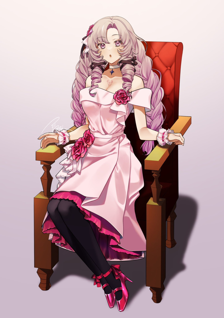1girl :o asazuke25 bare_shoulders black_pantyhose breasts chair chest_tattoo choker cleavage collarbone dress drill_hair flower frills hair_flower hair_ornament hair_ribbon highres hyakumantenbara_salome lace_trim large_breasts layered_dress light_purple_hair long_hair looking_at_viewer nijisanji off-shoulder_dress off_shoulder open_mouth pantyhose parted_bangs pink_dress pink_flower pink_footwear pink_rose purple_eyes ribbon ringlets rose scorpion_tattoo scrunchie signature simple_background sitting smile solo strappy_heels tattoo virtual_youtuber white_choker