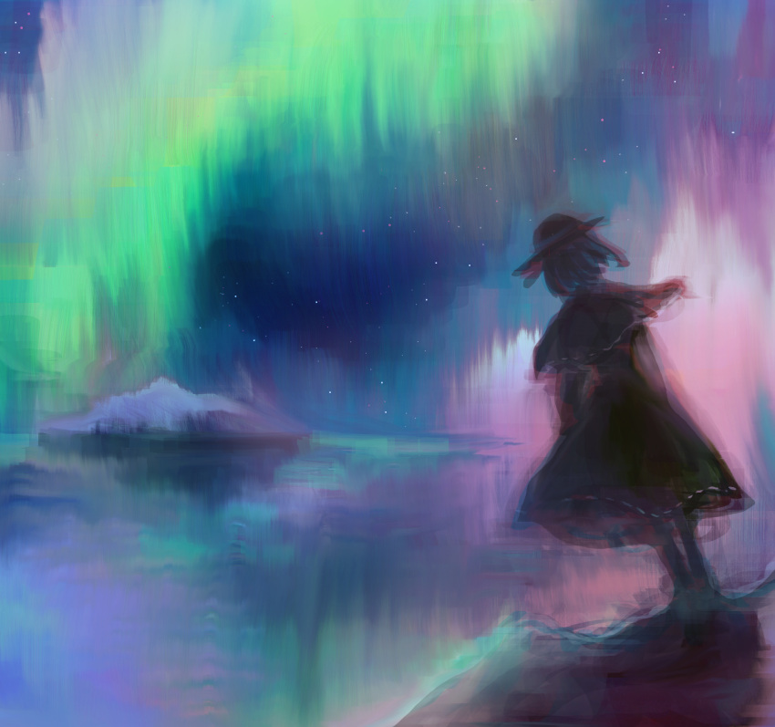 1girl aurora black_capelet black_headwear black_skirt brown_hair capelet facing_away highres katari lake long_skirt night night_sky sketch skirt sky solo standing star_(sky) touhou usami_renko