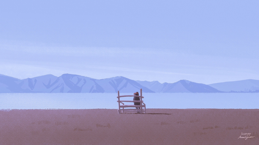 1girl bench blue_sky brown_hair dated day highres lake long_hair mountain nothingblues_yuki original scenery shadow signature sitting sky solo