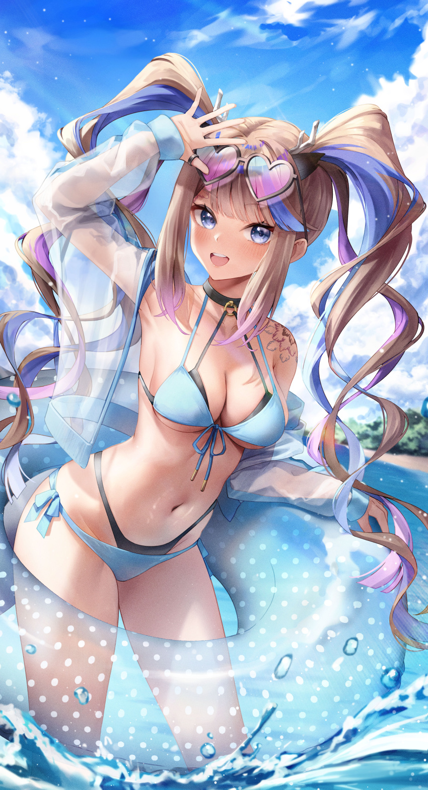 1girl 29hyeon :d absurdres airi_kanna arm_up bikini blue_eyes blue_hair blue_sky breasts brown_hair cleavage cloud commentary_request day eyewear_on_head front-tie_bikini_top front-tie_top gradient-tinted_eyewear heart heart-shaped_eyewear highres innertube jacket jewelry long_hair long_sleeves looking_at_viewer multicolored_hair navel ocean outdoors purple_hair ring see-through see-through_jacket shoulder_tattoo side-tie_bikini_bottom sky smile solo stellive stomach streaked_hair sunglasses swimsuit tattoo twintails two-tone_swimsuit virtual_youtuber wading