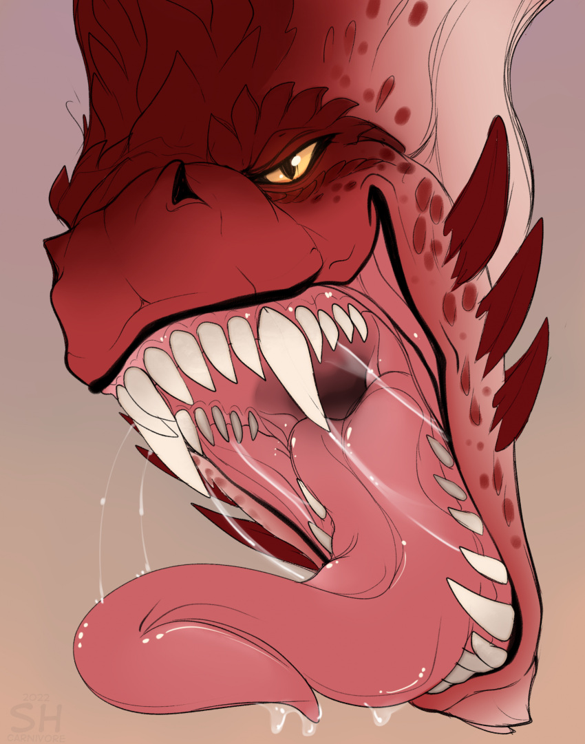 anthro bodily_fluids hi_res male open_mouth red_body reptile saliva saliva_string santanahoffman scalie sharp_teeth solo teeth tongue tongue_out yellow_eyes zartersus