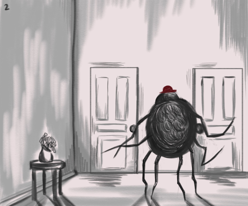 8_legs ambiguous_gender anthro arachnid arthropod black_body black_fur clothing detailed_background door fur hat headgear headwear hi_res mr._spider solo spider the_magnus_archives twistyblitzy