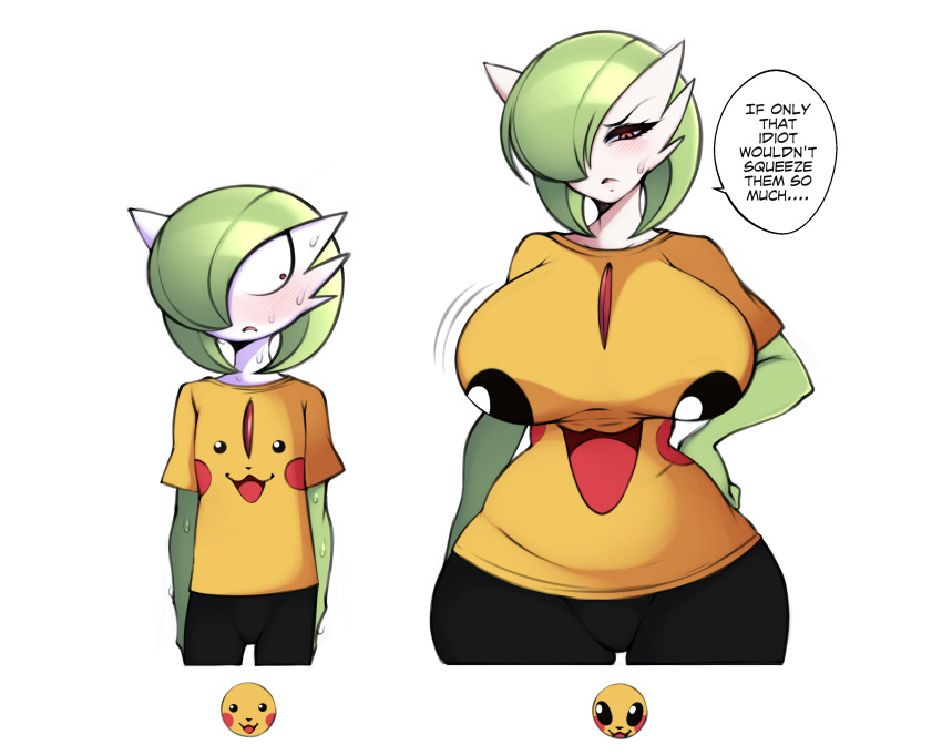 2023 absurd_res big_breasts bottomwear breasts clothed clothing dialogue duo english_text female gardevoir generation_3_pokemon green_hair hair hi_res human looking_at_another looking_at_another's_breasts mammal nintendo not_furry pants pikachu_shirt pokemon pokemon_(species) saltyxodium shirt simple_background text topwear white_background wide_hips