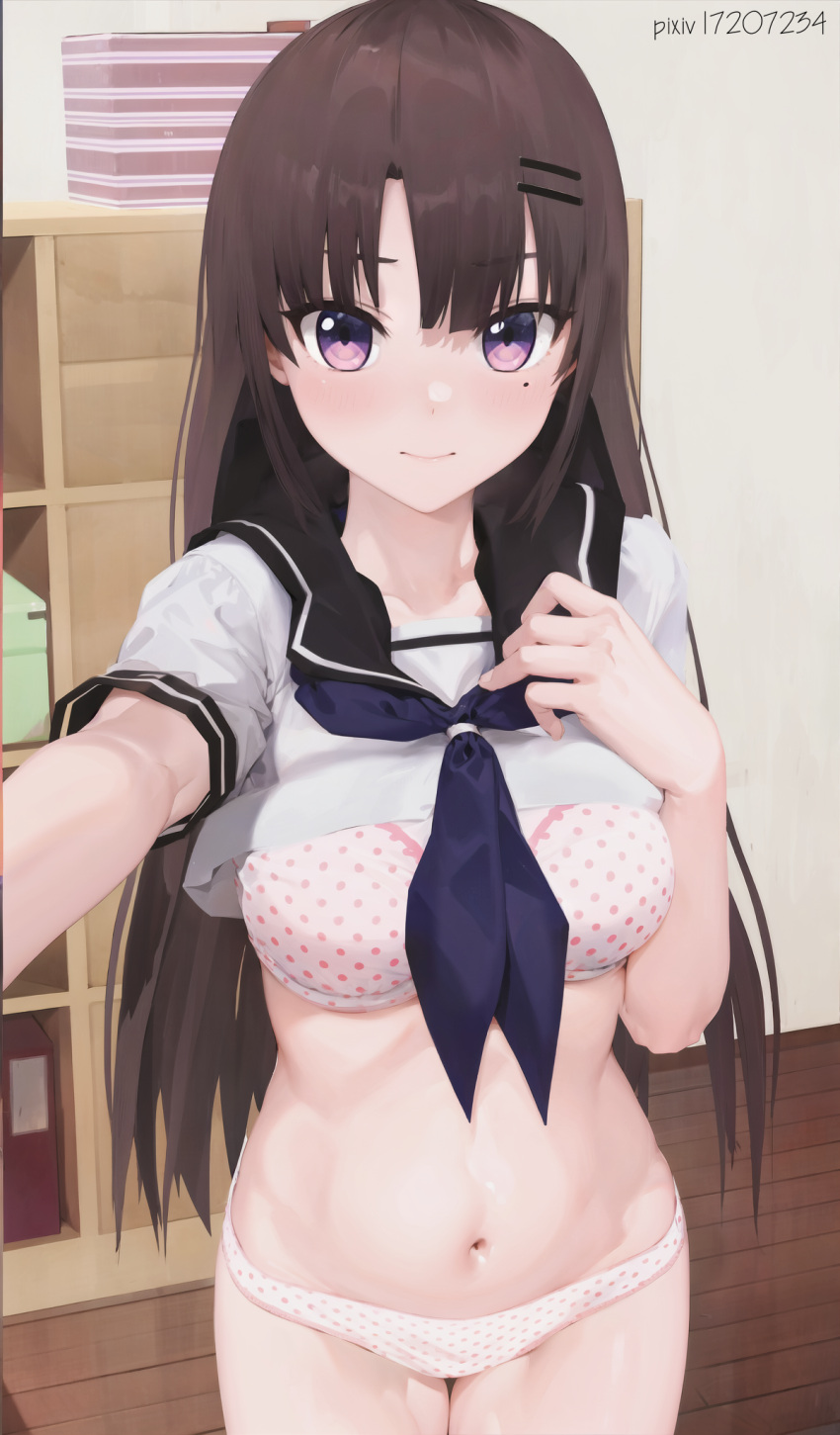 1girl acer1234040 black_sailor_collar blue_neckerchief bra brown_hair changing_room closed_mouth clothes_lift cowboy_shot hair_ornament hairclip highres indoors lifted_by_self long_hair looking_at_viewer mole mole_under_eye navel neckerchief no_pants original panties pixiv_id polka_dot polka_dot_bra polka_dot_panties purple_eyes sailor_collar school_uniform selfie serafuku shirt shirt_lift short_sleeves smile solo standing underwear white_bra white_panties white_shirt wooden_floor