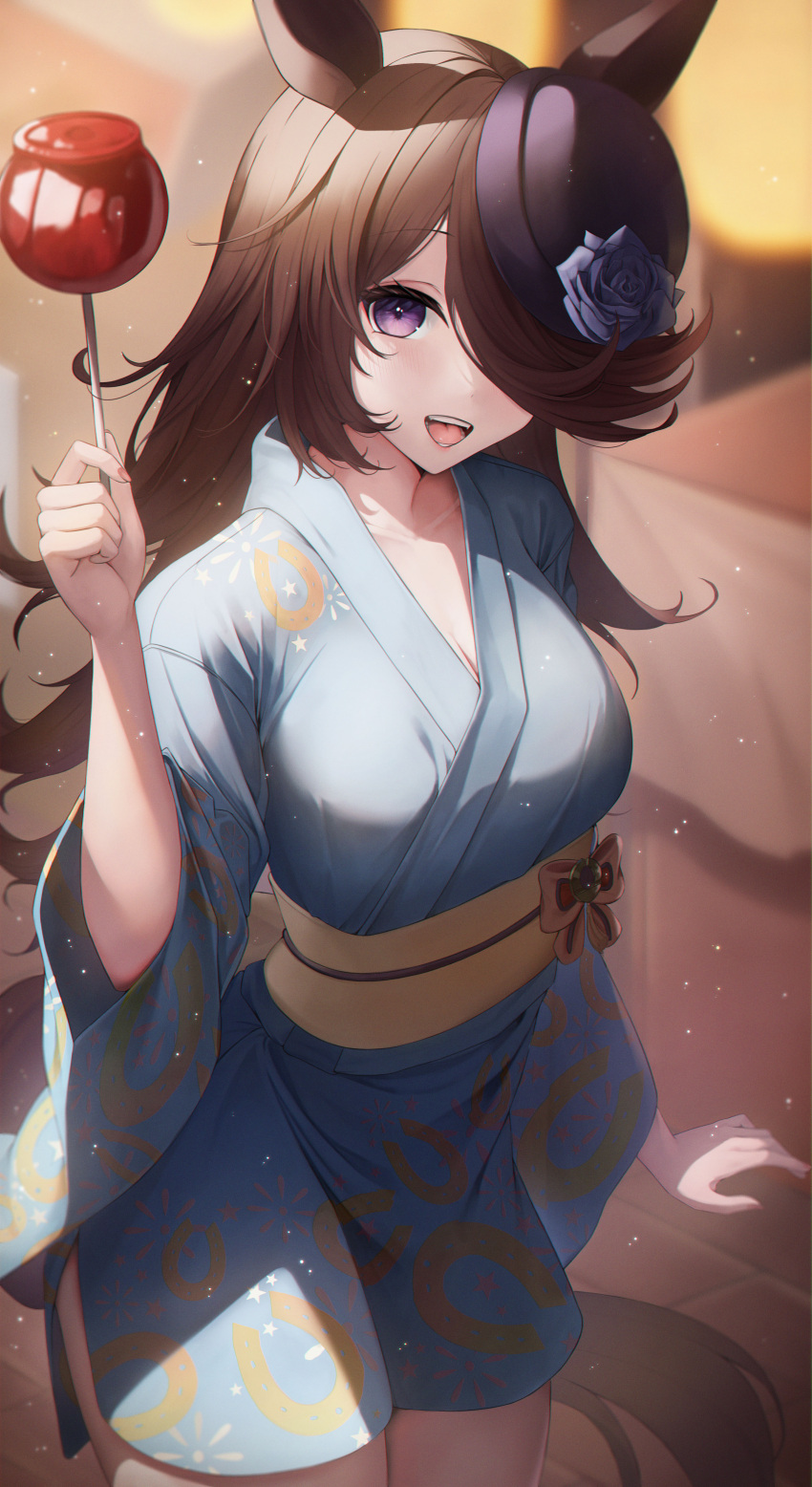 1girl absurdres alternate_breast_size animal_ears blue_flower blue_kimono blue_rose blurry blurry_background blush breasts brown_hair bsmage candy_apple cleavage cowboy_shot english_commentary festival flower food hair_over_one_eye highres holding holding_food horse_ears horse_girl horse_tail horseshoe_print japanese_clothes kimono light_blush long_hair looking_at_viewer medium_breasts open_mouth outdoors purple_eyes purple_headwear rice_shower_(umamusume) rose smile solo tail teeth tilted_headwear tracen_ondo_outfit_(umamusume) umamusume upper_teeth_only yukata