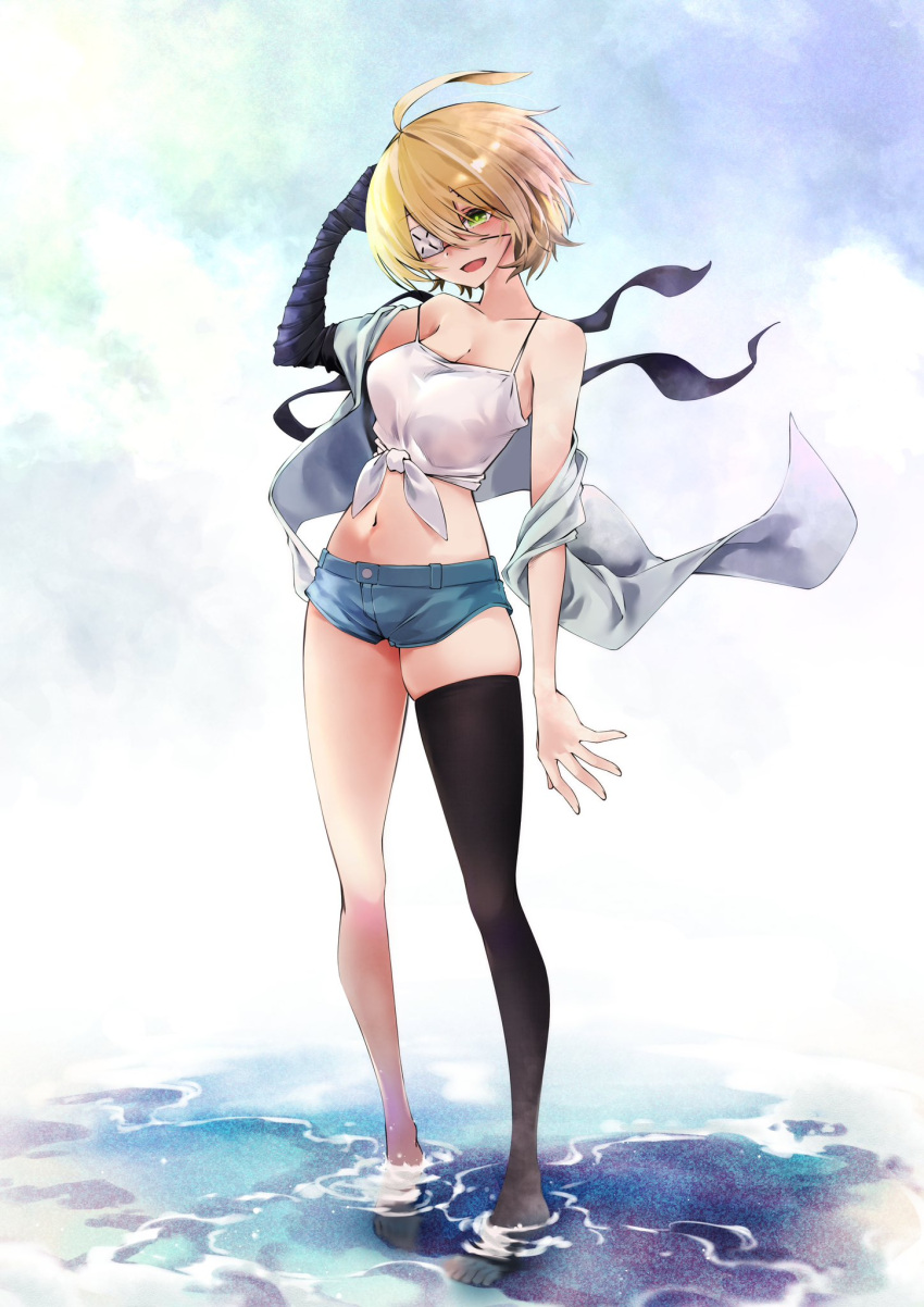 1girl :d ahoge bandaged_arm bandages blonde_hair breasts collarbone full_body green_eyes highres ibispaint_(medium) medium_breasts navel original paruvara short_hair short_shorts shorts single_thighhigh smile solo standing thighhighs toeless_legwear wading water