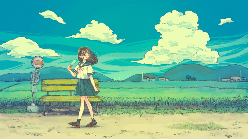 1girl :o bench blue_sailor_collar blue_skirt blue_sky blue_socks blush brown_eyes brown_footwear brown_hair building bus_stop_sign choppy_bangs cloud commentary_request day dirt_road field floating_hair food grass hand_up highres holding holding_food holding_popsicle house loafers long_hair looking_back mountainous_horizon neck_ribbon open_mouth original outdoors pleated_skirt popsicle port_(portzzz) red_ribbon ribbon road road_sign sailor_collar scenery school_uniform shirt shoes short_sleeves sign skirt sky sleeve_cuffs socks solo tree walking white_shirt