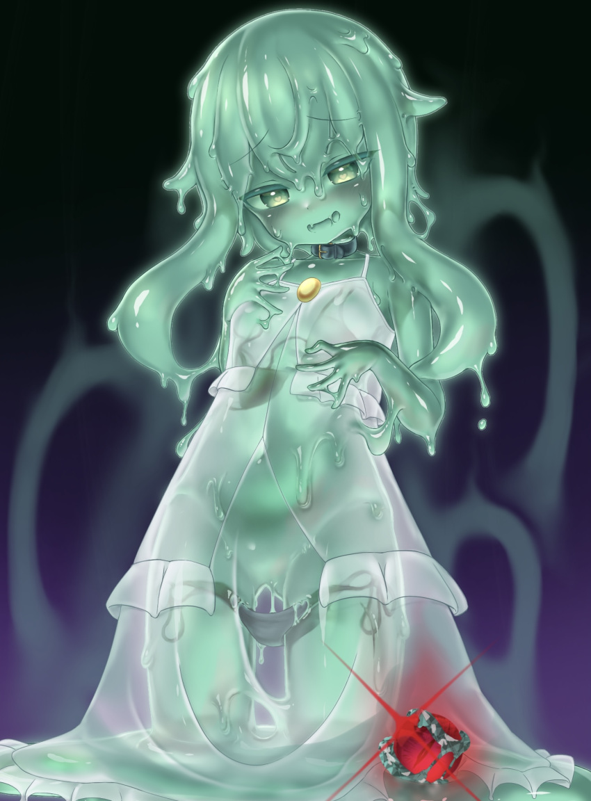 1girl blush breasts collar commission curss green_eyes green_hair heart heart-shaped_pupils highres long_hair looking_at_viewer monster_girl navel open_mouth original skeb_commission slime_(substance) slime_girl small_breasts smile solo symbol-shaped_pupils