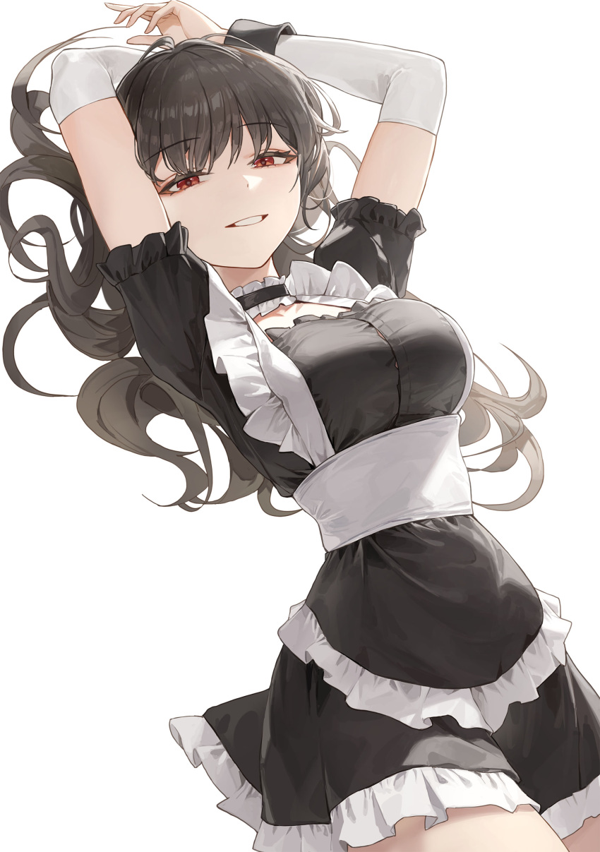 1girl absurdres arms_up black_dress black_hair breasts choker cotta_(heleif) detached_sleeves dress frilled_choker frills grin highres large_breasts long_hair looking_at_viewer original puffy_short_sleeves puffy_sleeves red_eyes short_sleeves smile solo