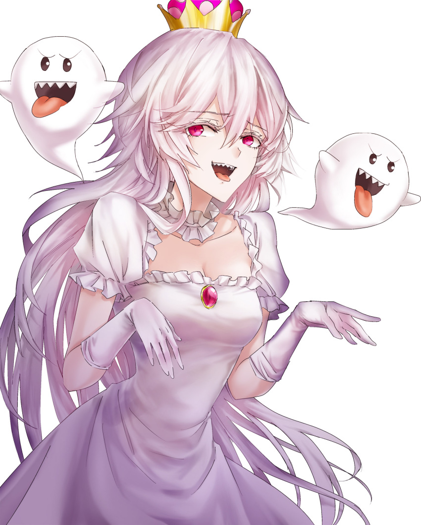 1girl boo_(mario) breasts cleavage crown dress elbow_gloves gloves hair_between_eyes highres long_hair looking_at_viewer mario_(series) new_super_mario_bros._u_deluxe open_mouth personification princess_king_boo sharp_teeth smile solo super_crown suprii teeth tongue tongue_out white_dress white_gloves