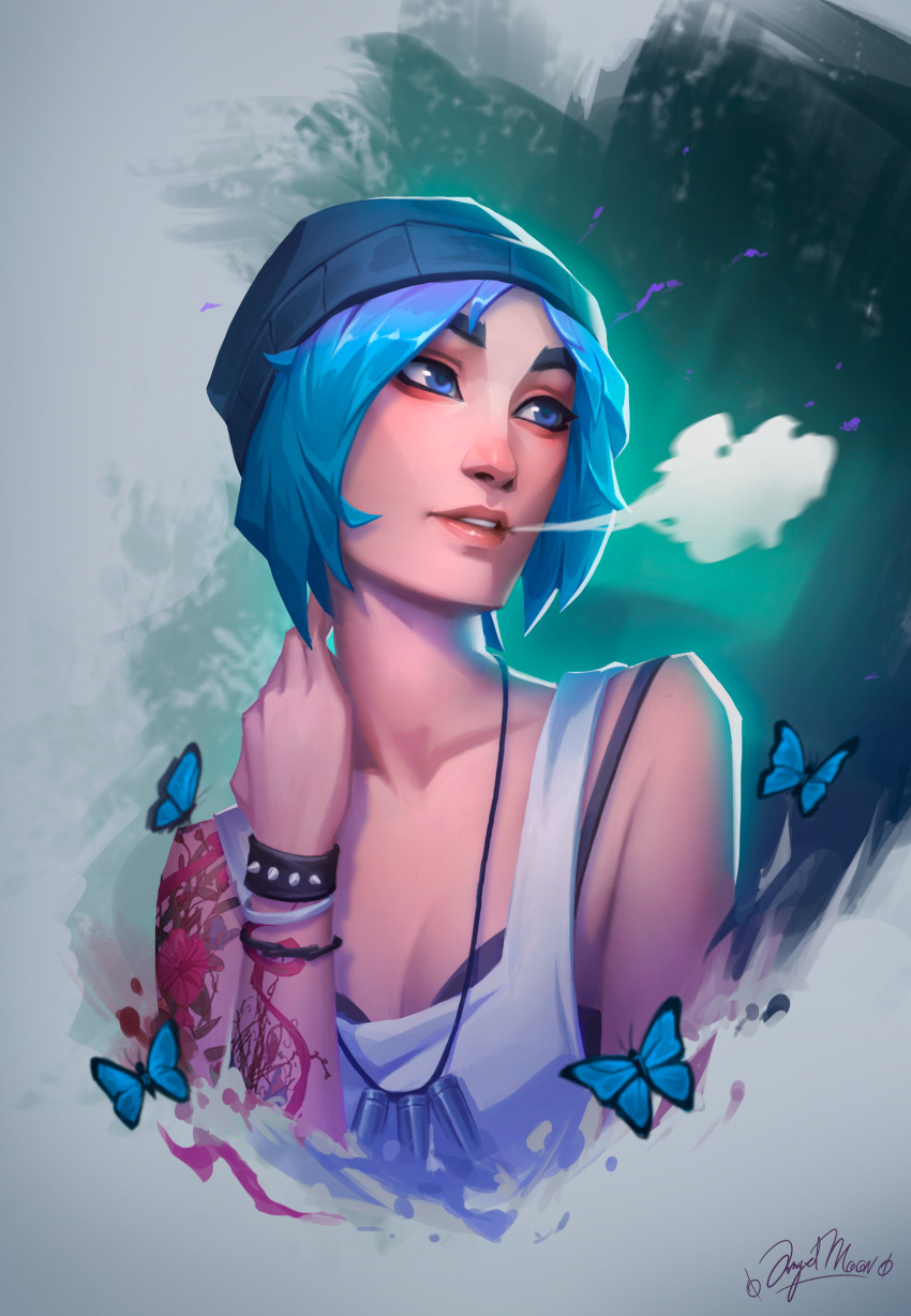 1girl absurdres angelmoonlight arm_tattoo beanie black_bra black_headwear blue_butterfly blue_eyes blue_hair bra bra_strap breasts breath bug butterfly chloe_price collarbone hand_on_own_neck hat highres jewelry life_is_strange looking_to_the_side medium_hair necklace shoulder_tattoo signature small_breasts solo tank_top tattoo underwear upper_body white_tank_top