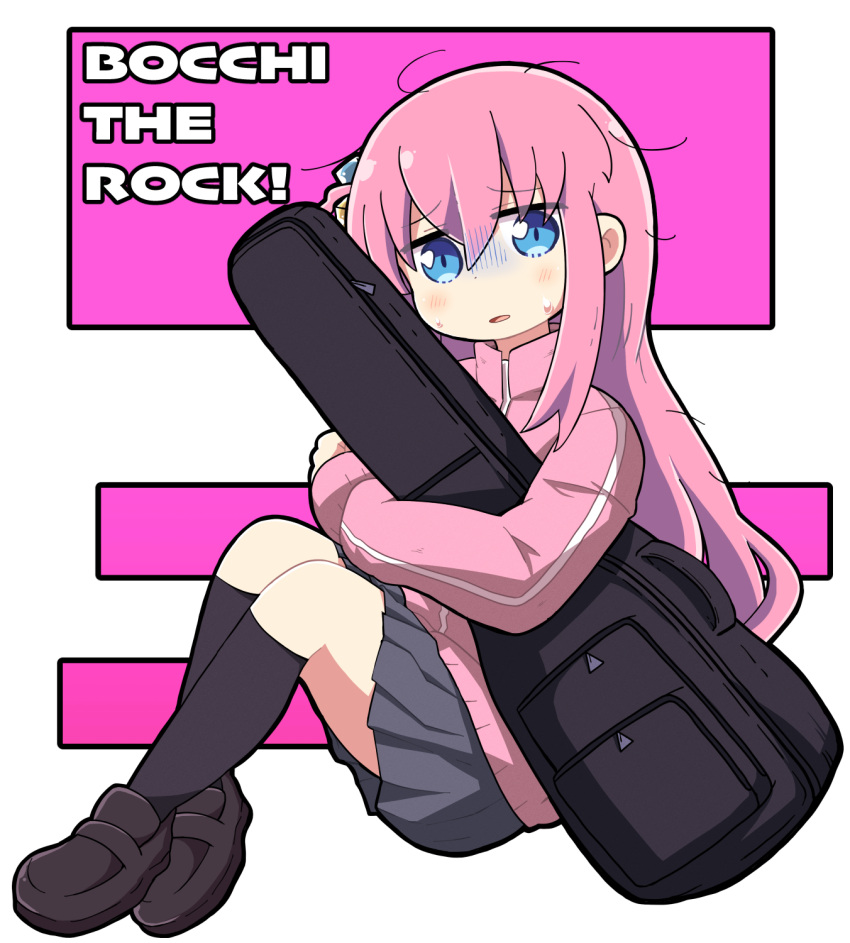 1girl black_socks bocchi_the_rock! brown_footwear copyright_name dokuta full_body gotoh_hitori grey_skirt guitar_case hair_between_eyes highres instrument_case jacket kneehighs light_blush loafers long_hair long_sleeves looking_at_viewer object_hug parted_lips pink_hair pink_jacket shoes simple_background skirt socks solo sweat track_jacket