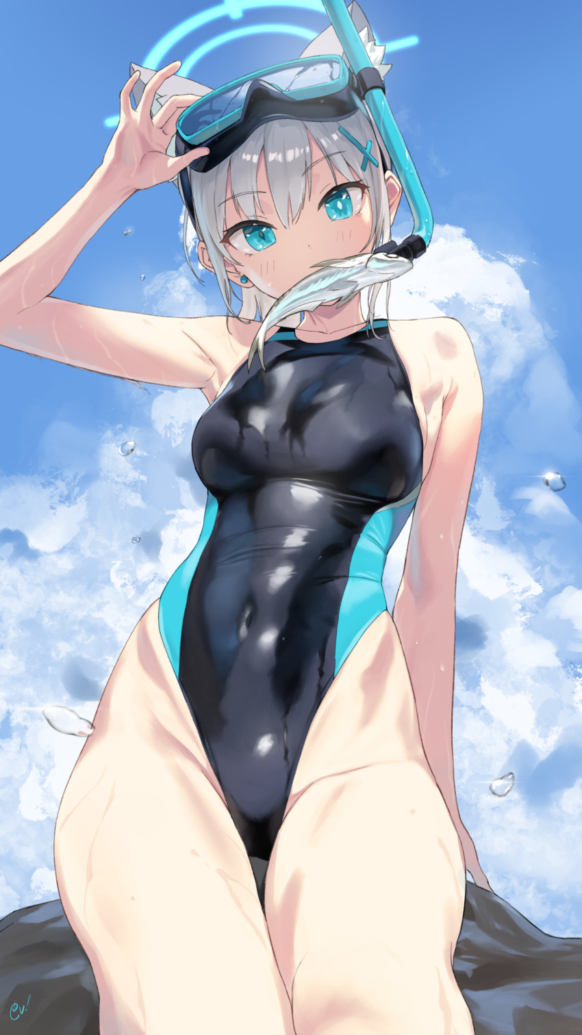 1girl blue_archive competition_swimsuit ev_(dai00888) goggles goggles_on_head highres official_alternate_costume one-piece_swimsuit shiroko_(blue_archive) shiroko_(swimsuit)_(blue_archive) solo swimsuit tagme