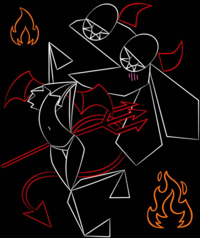 2023 anthro belly black_background blush clothed clothing costume demon_costume demonic_wings ears_down fake_horns fake_tail fake_wings female fire half-closed_eyes hi_res imp_tail lagomorph leporid looking_at_viewer mammal melee_weapon narrowed_eyes open_mouth orange_line_art pentagram_eyes pivoted_ears playstation polearm polygons rabbit red_line_art simple_background skimpy smile smiling_at_viewer solo sony_corporation sony_interactive_entertainment standing trident vib-ribbon vibri weapon white_line_art zinzoa