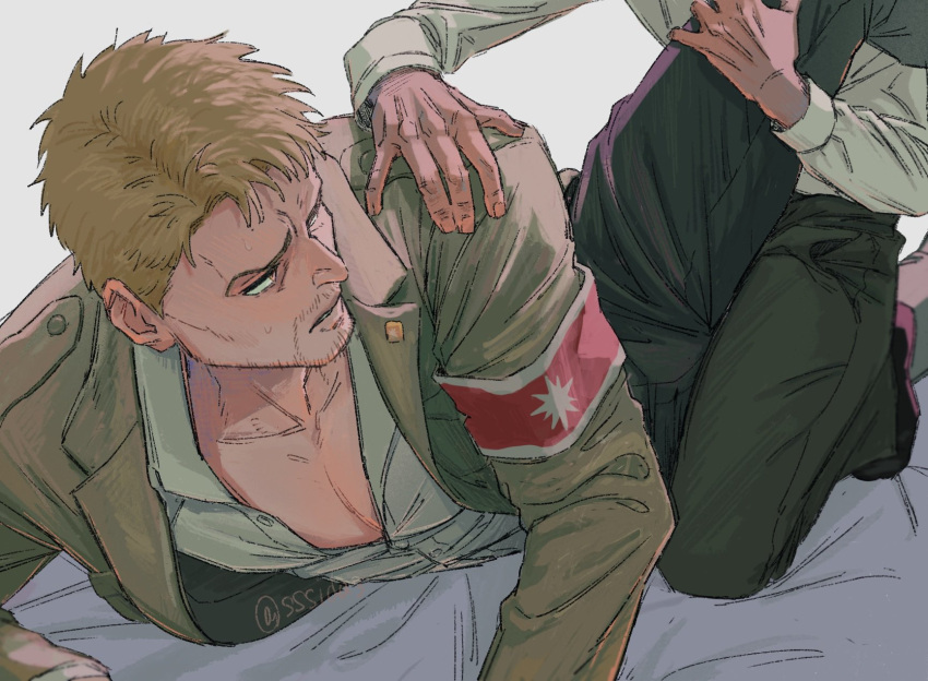 1boy armband bara blonde_hair facial_hair highres imminent_rape leg_lift looking_back male_focus marley_military_uniform out_of_frame partially_unbuttoned pectoral_cleavage pectorals reiner_braun shingeki_no_kyojin short_hair solo_focus spread_legs sssida3 stubble yaoi