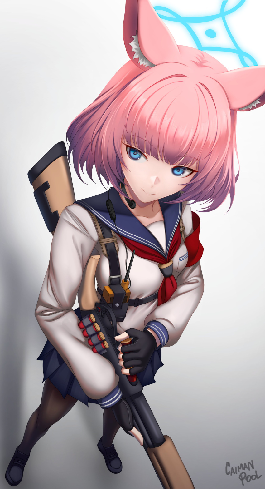 1girl absurdres animal_ear_fluff animal_ears armband benelli_m3 blue_archive blue_eyes blue_halo breasts caiman_pool fingerless_gloves fox_ears fox_girl gloves gun halo highres holster long_sleeves neckerchief niko_(blue_archive) pantyhose pink_hair pump_action red_armband red_neckerchief reloading remington_870 school_uniform serafuku short_hair shotgun shotgun_shell shoulder_holster skirt smile solo throat_microphone weapon white_serafuku