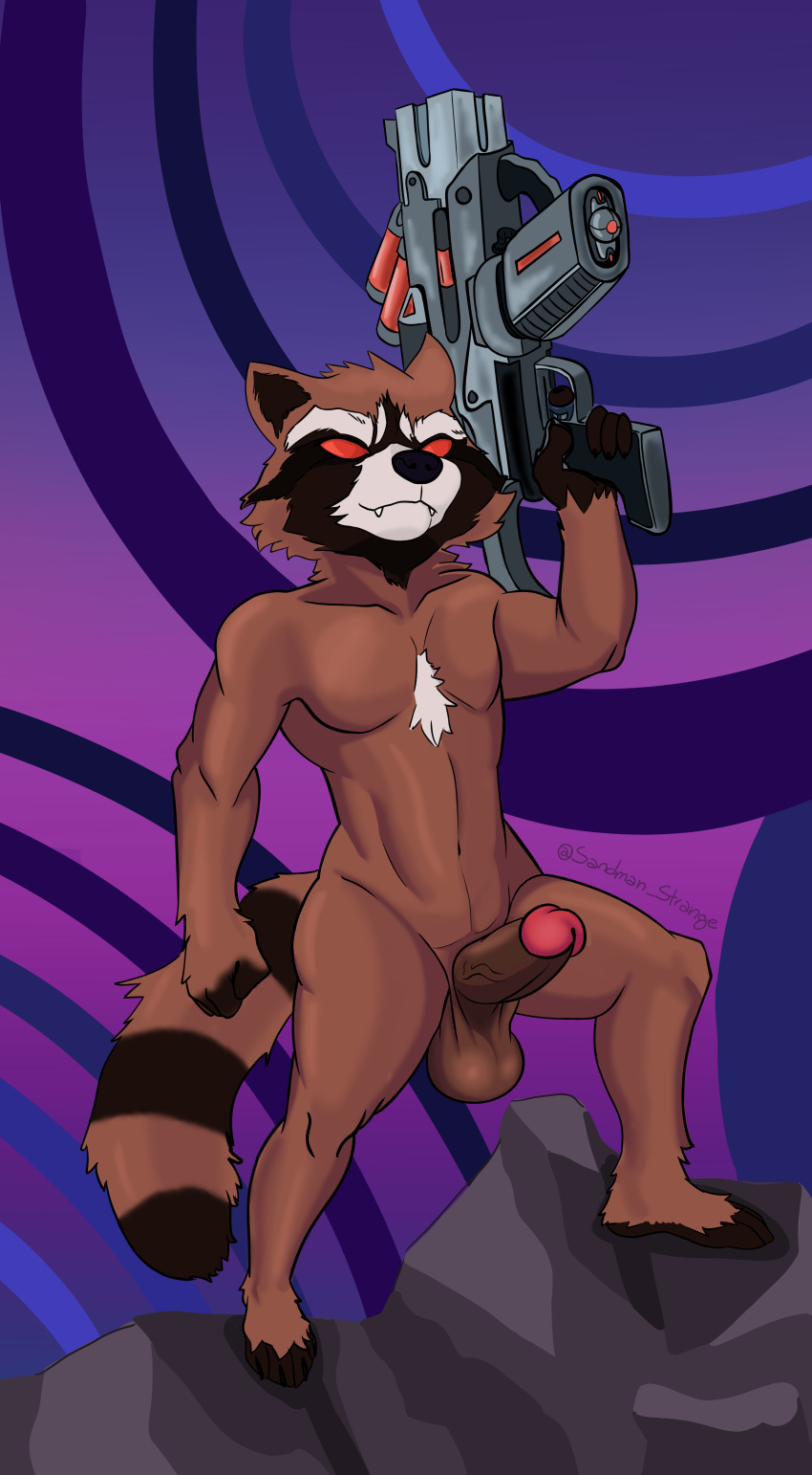 absurd_res anthro balls big_balls casual_erection chest_tuft erection genitals guardians_of_the_galaxy gun hi_res male mammal marvel penis procyonid raccoon ranged_weapon rocket_raccoon saggy_balls sandman_strange solo solo_focus tuft weapon